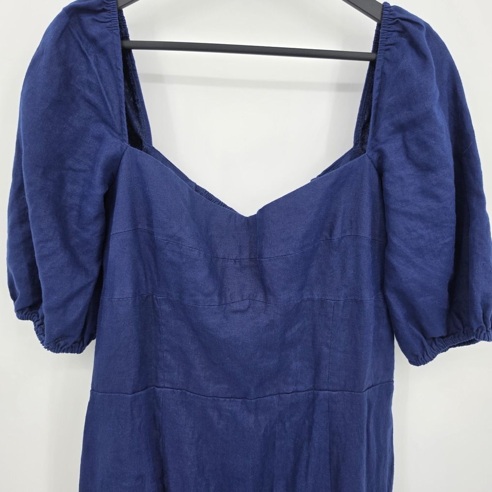 REFORMATION Belgium Linen Midi Dress Navy Blue Side Slit Puff Sleeve Sz 12 - Picture 10 of 16